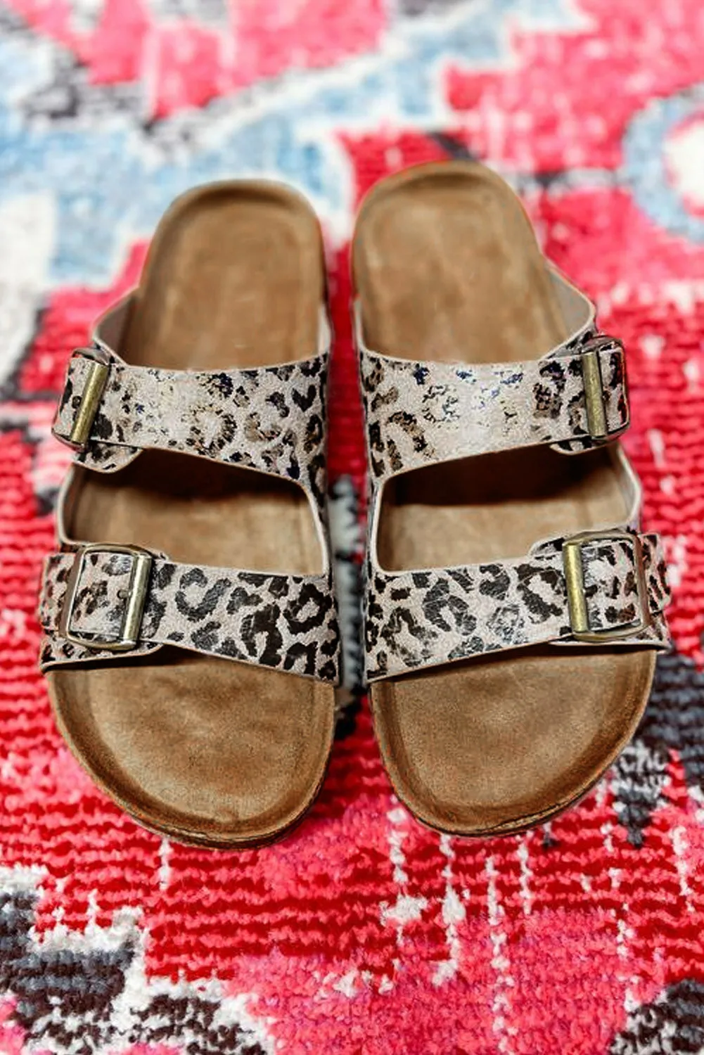 PU Leather Leopard Square Buckle Slippers Double Straps Casual Sandals